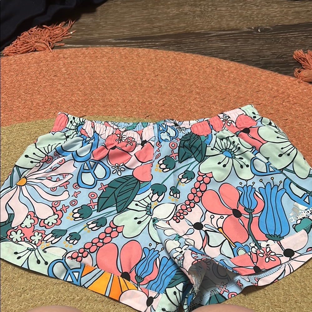 Adidas Pink and Green Athletic Shorts Vibrant Floral Design